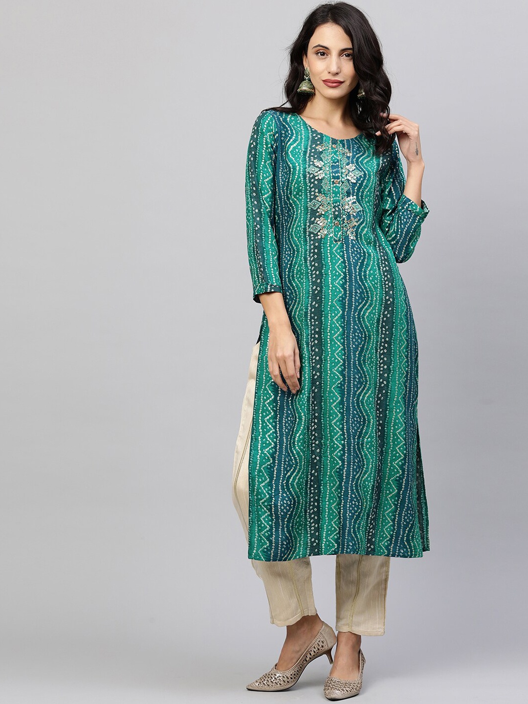 

FASHOR Women Green & Blue Leheriya Printed Kurta