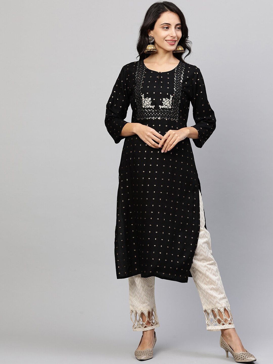 

FASHOR Women Black & White Floral Printed Kurta