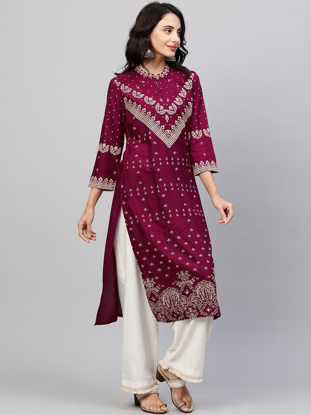 

FASHOR Women Burgundy & Gold-Toned Floral Printed Kurta