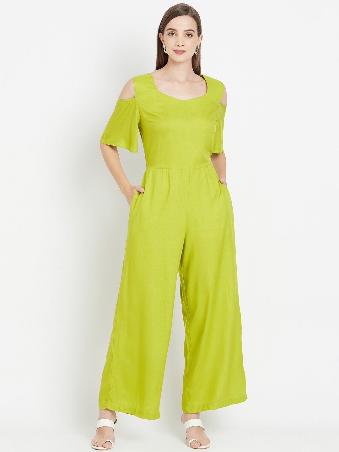 

WESTCLO Green Solid Cold-Shoulder Basic Jumpsuit