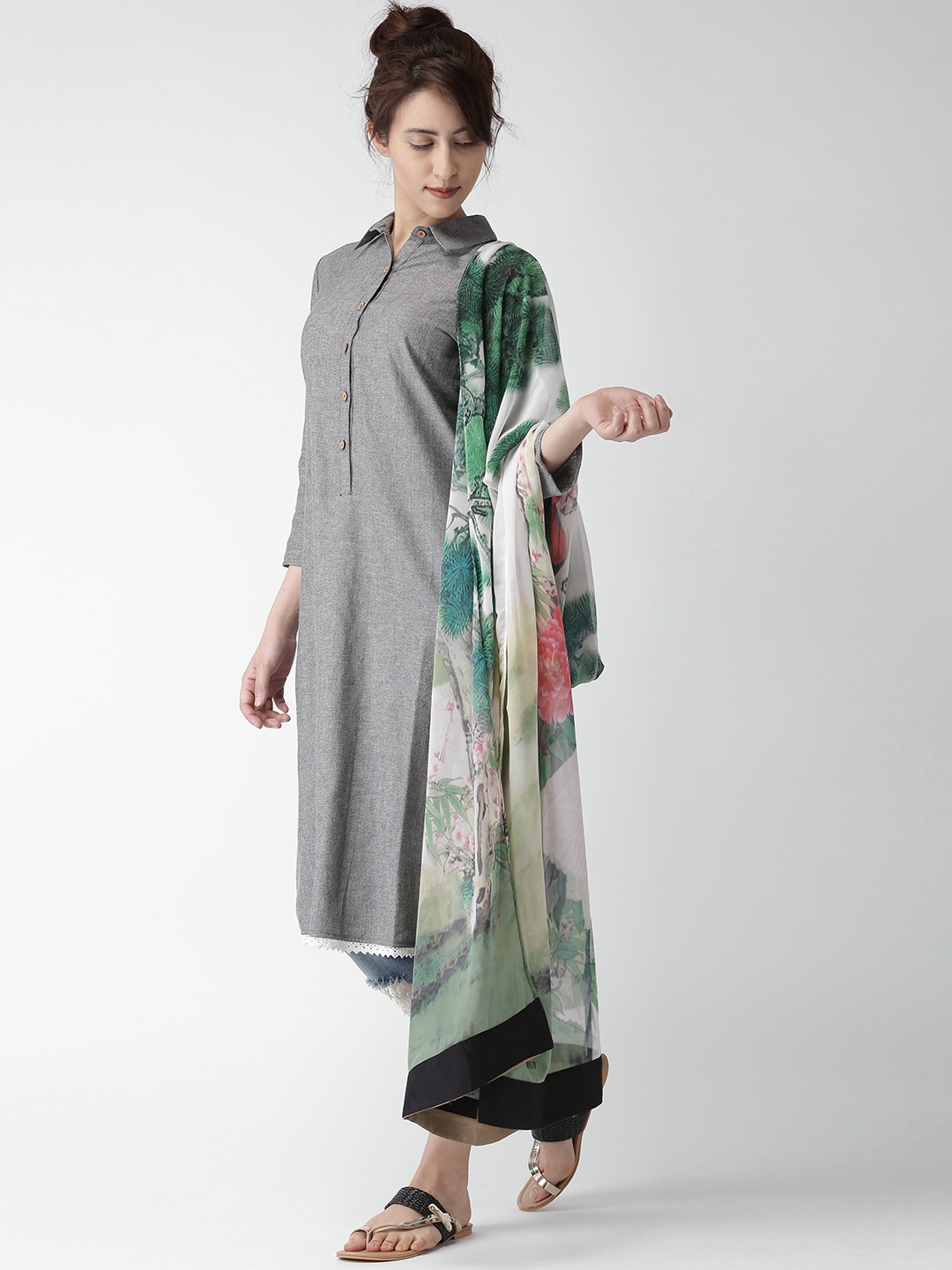 

WISHFUL by W Women Off-White & Green Printed Dupatta