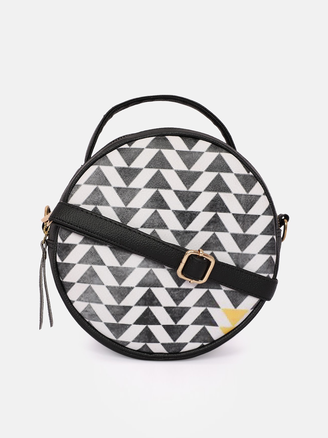 

Bagsy Malone White Geometric Printed PU Structured Sling Bag with Tasselled