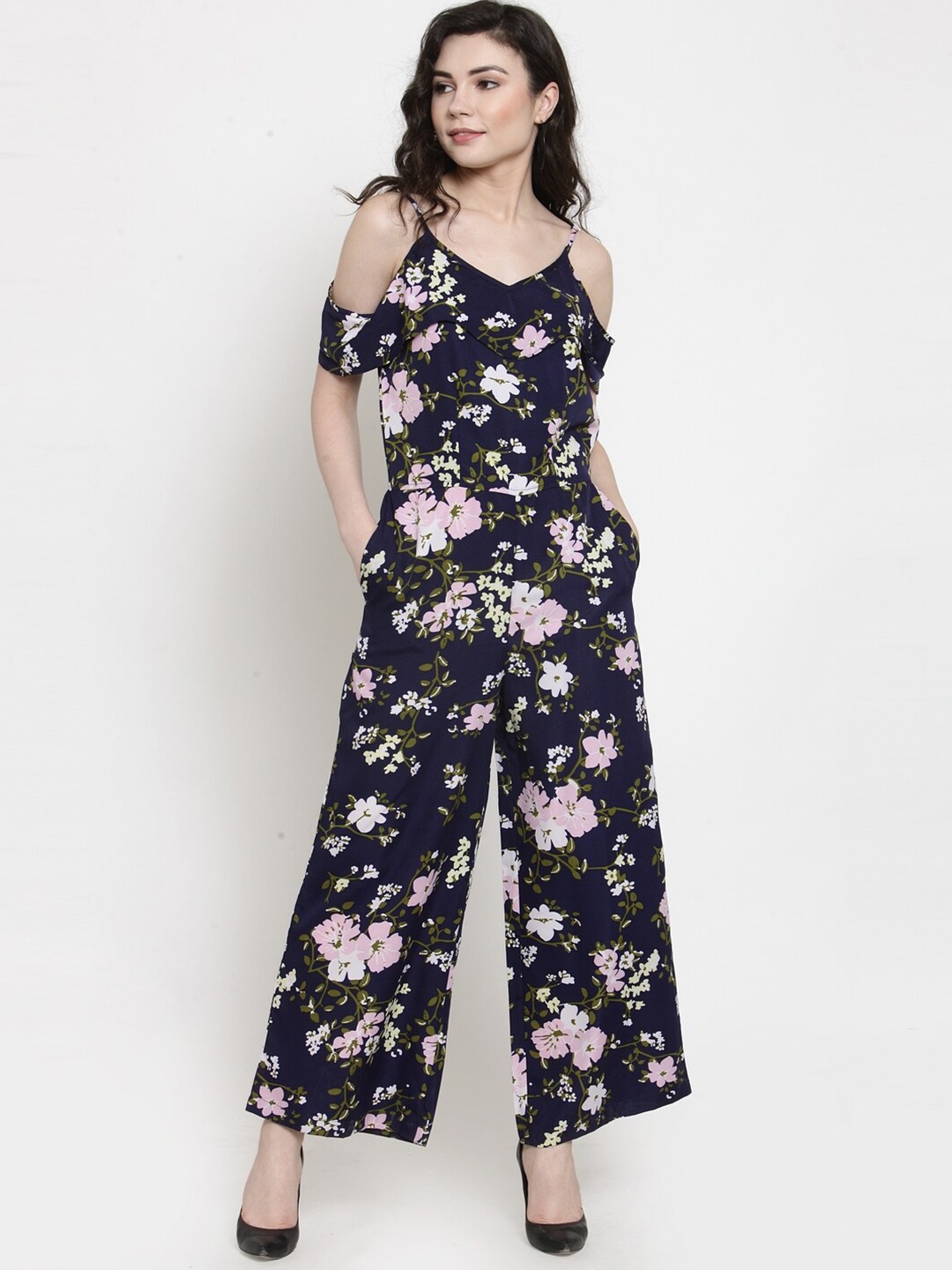 

WESTCLO Navy Blue & White Floral Printed Basic Jumpsuit