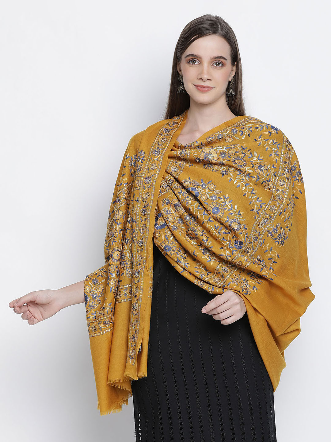 

SHINGORA Women Mustard-Yellow & Blue Ethnic Motifs Embroidered Woolen Shawl