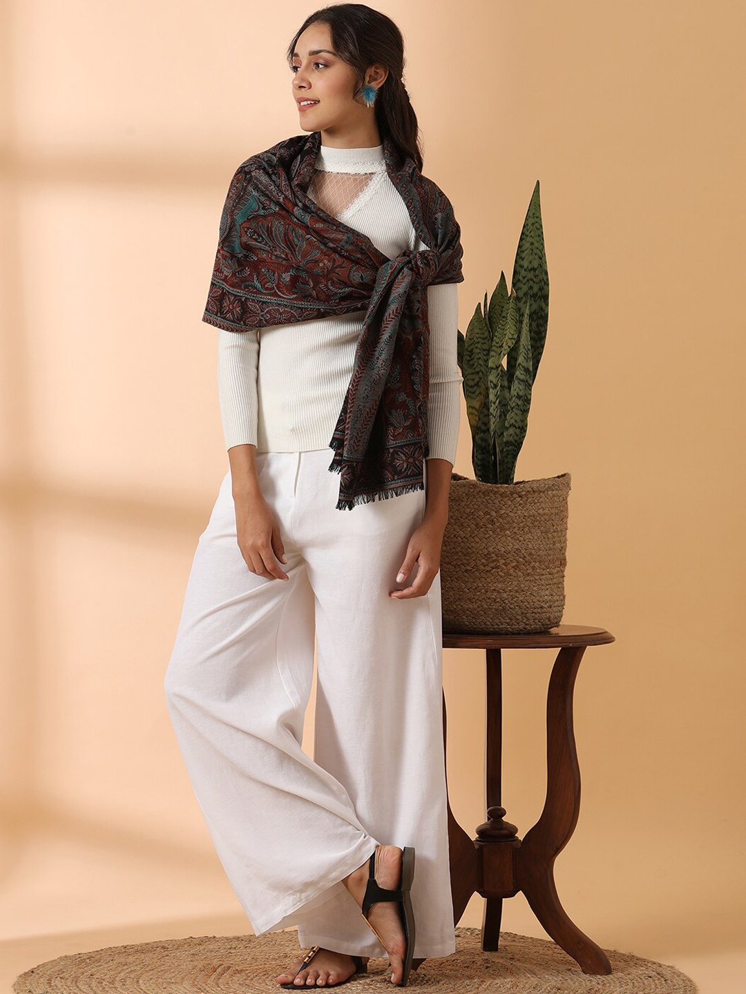 

SHINGORA Women Black & Blue Ethnic Motifs Woven Design Woollen Shawl