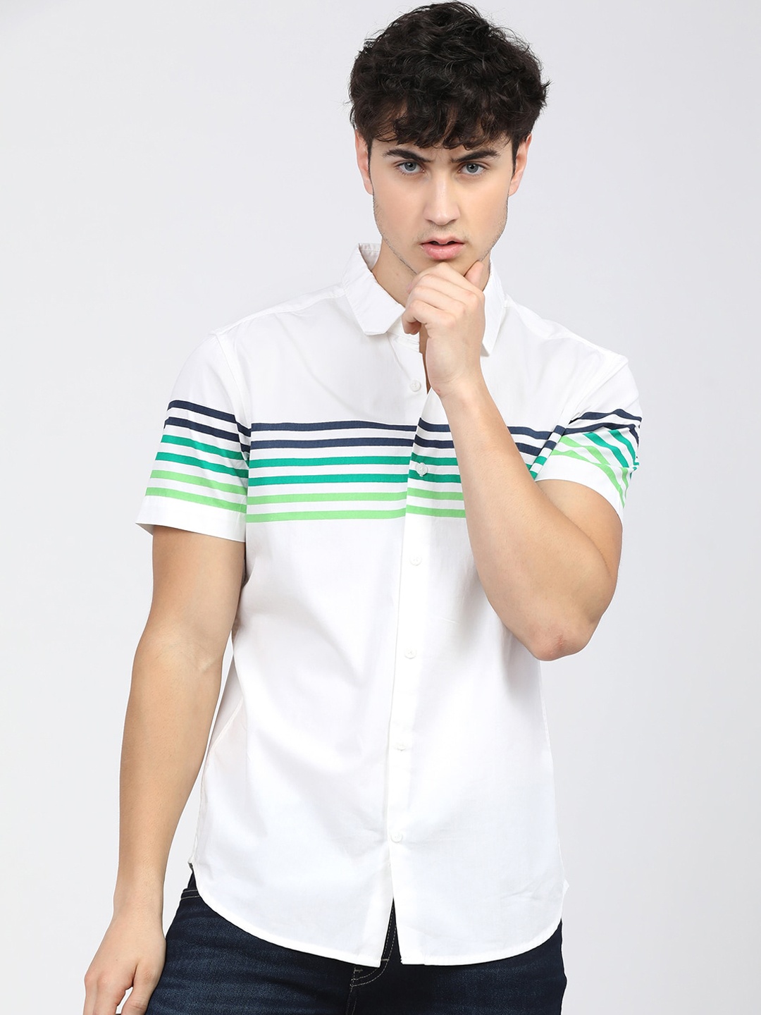 

HIGHLANDER Men White & Green Slim Fit Opaque Striped Cotton Casual Shirt
