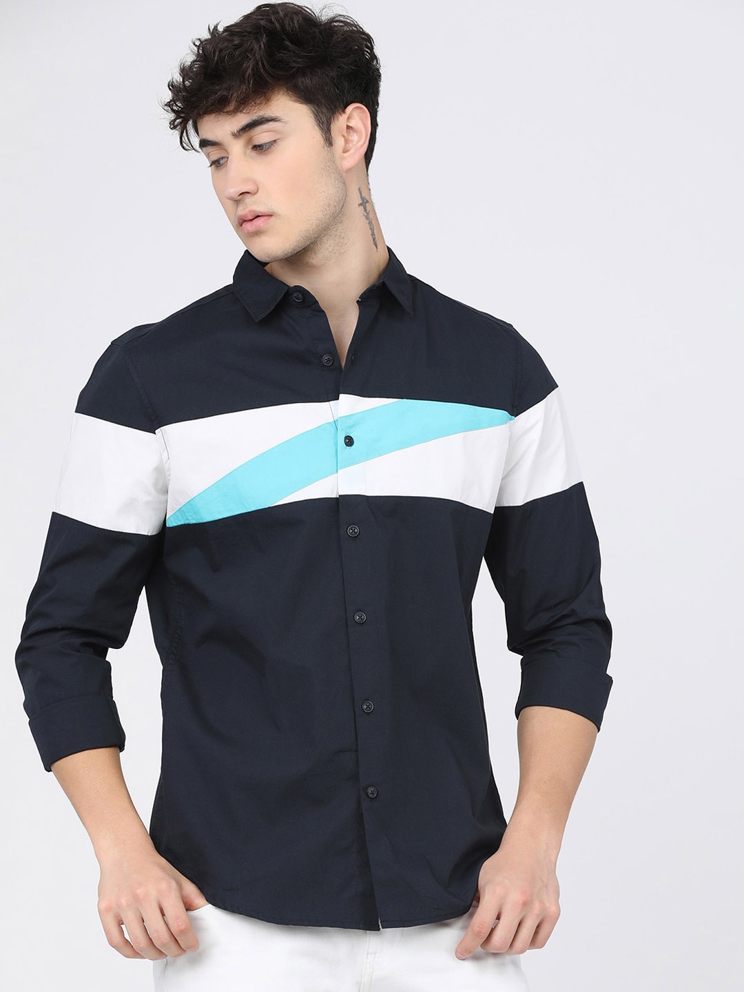 

HIGHLANDER Men Navy Blue Slim Fit Opaque Colourblocked Casual Shirt