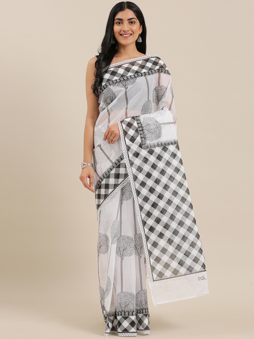 

The Chennai Silks Off White & Black Floral Pure Cotton Fusion Saree