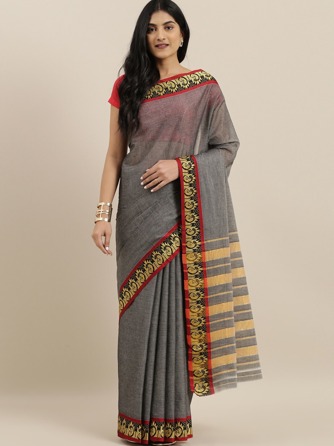 

The Chennai Silks Grey & Gold Zari Pure Cotton Saree
