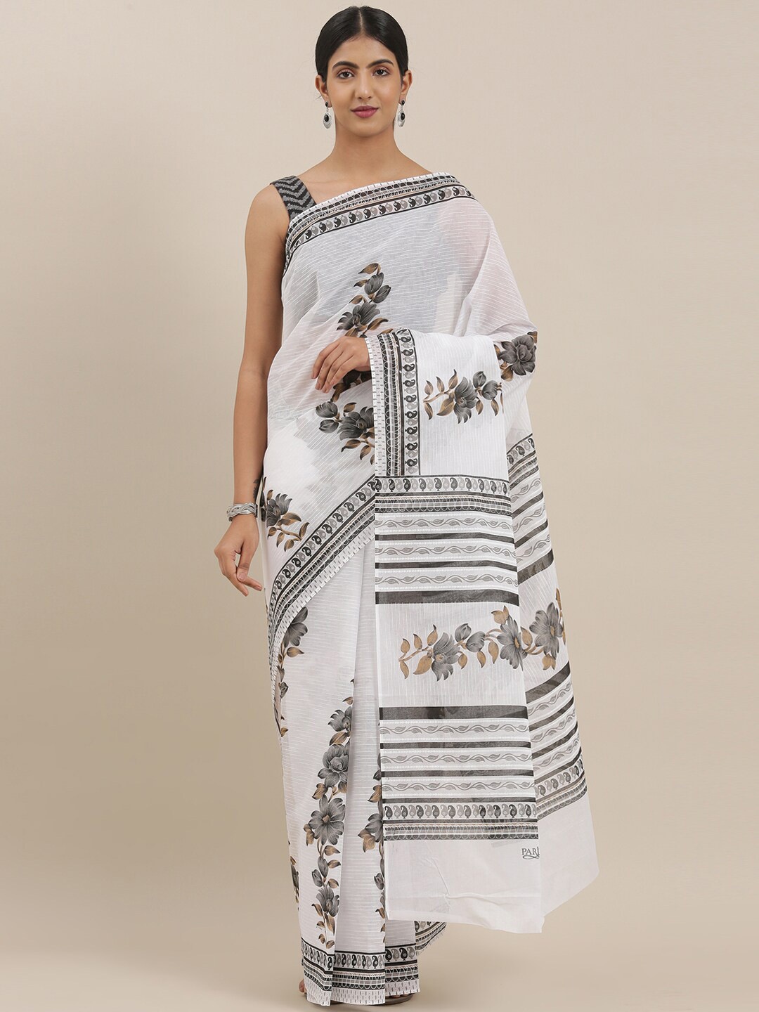 

The Chennai Silks Off White & Black Floral Printed Pure Cotton Fusion Saree