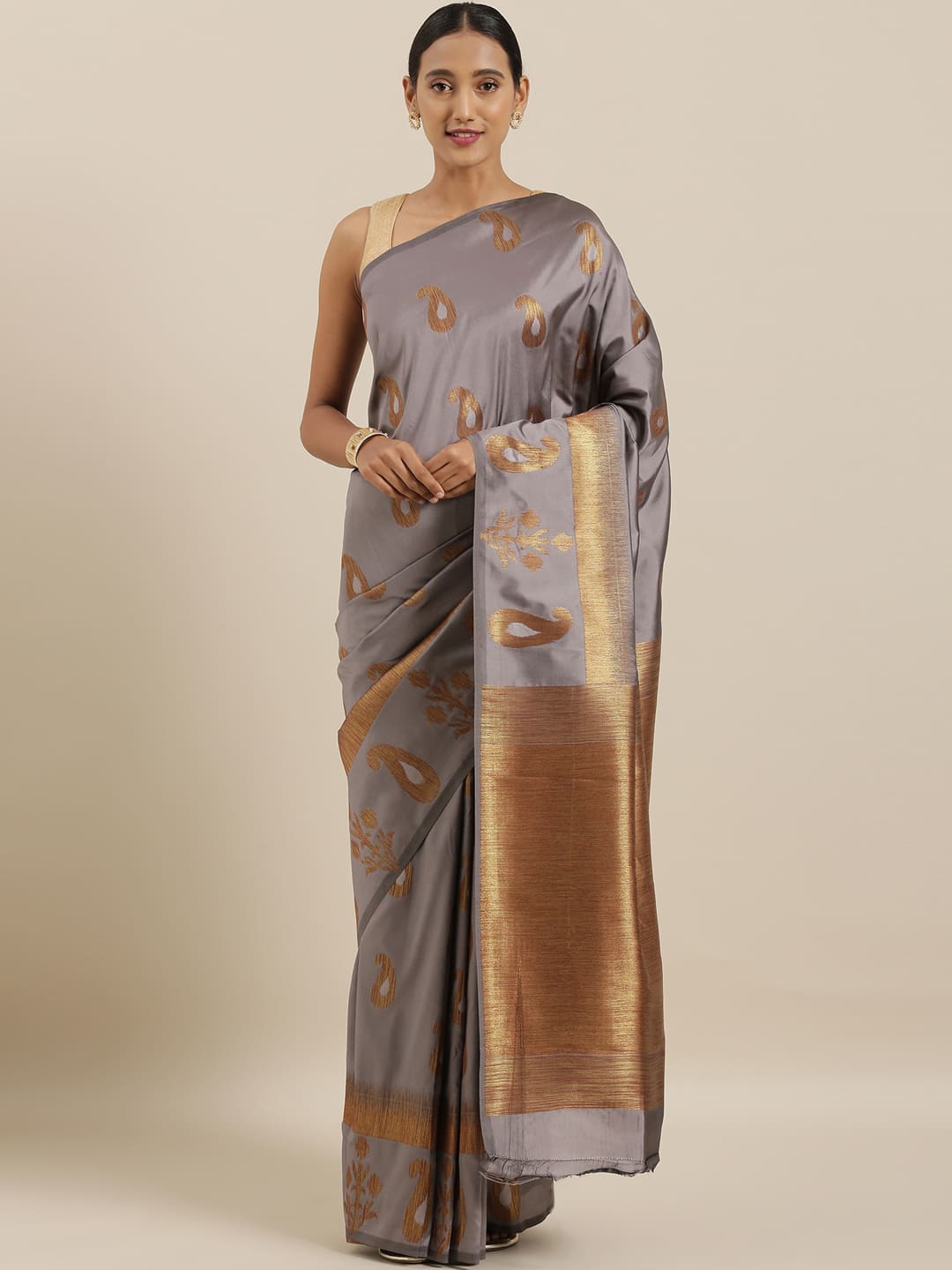 

The Chennai Silks Grey & Gold-Toned Paisley Saree