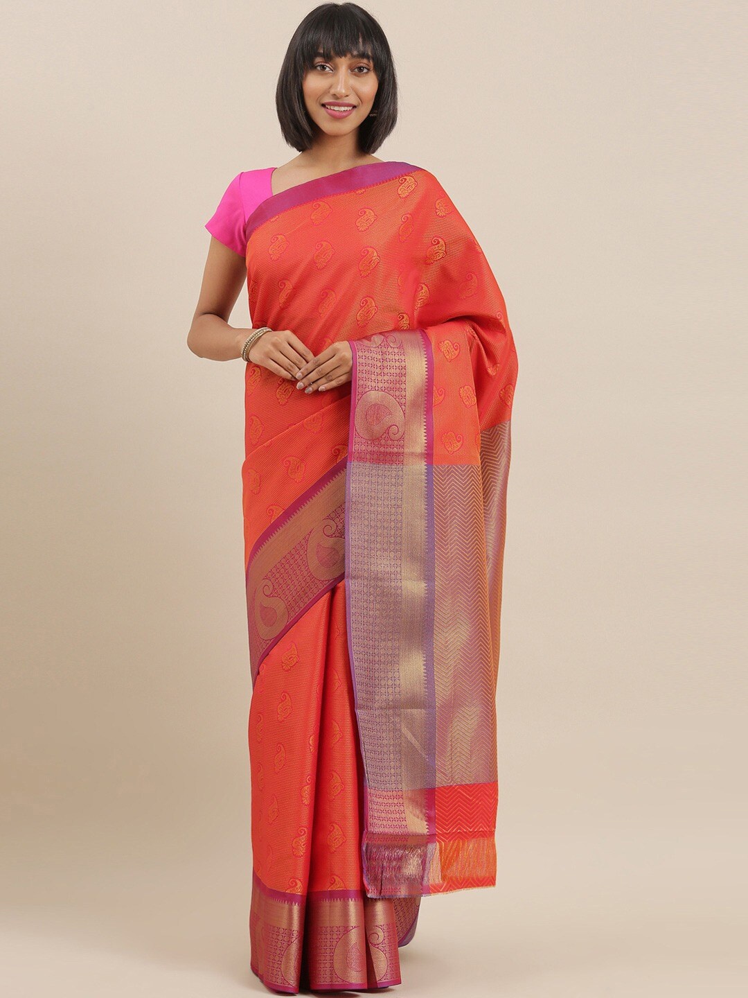 

The Chennai Silks Red & Gold-Toned Woven Design Saree