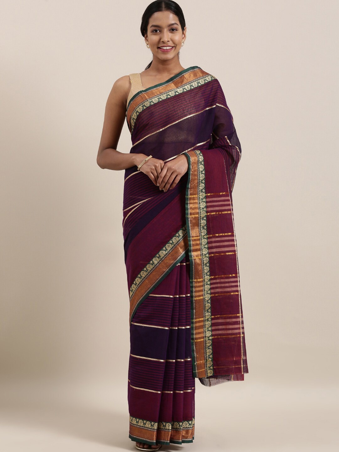 

The Chennai Silks Navy Blue & Purple Striped Pure Cotton Saree