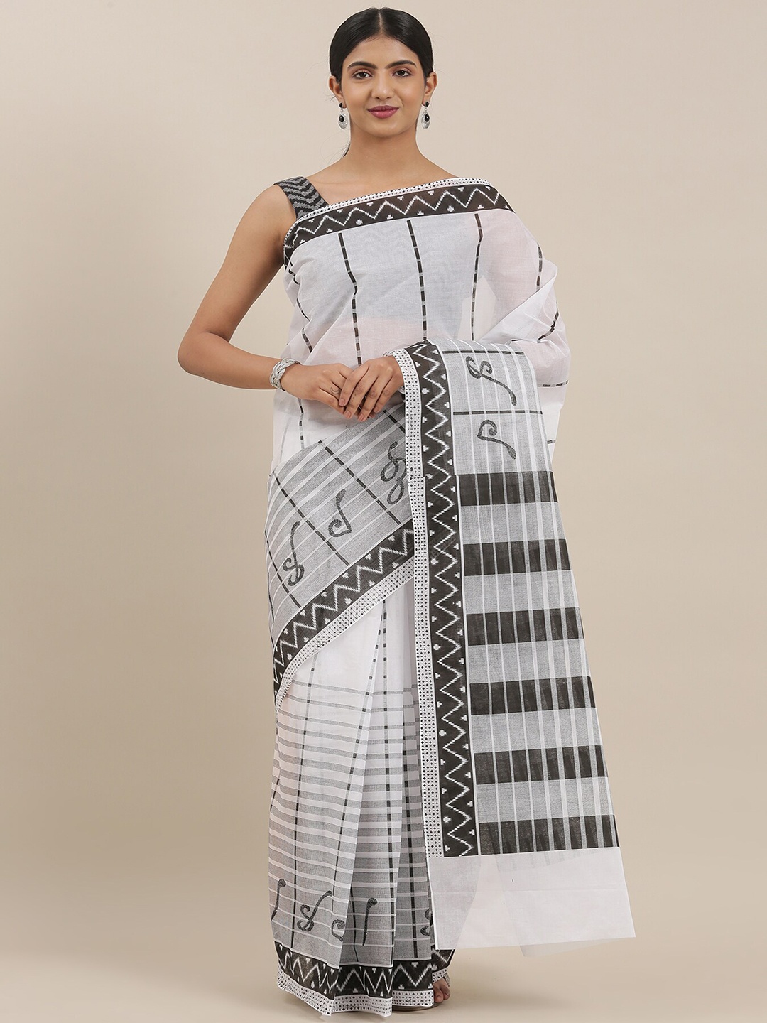 

The Chennai Silks Off White & Black Batik Pure Cotton Fusion Saree