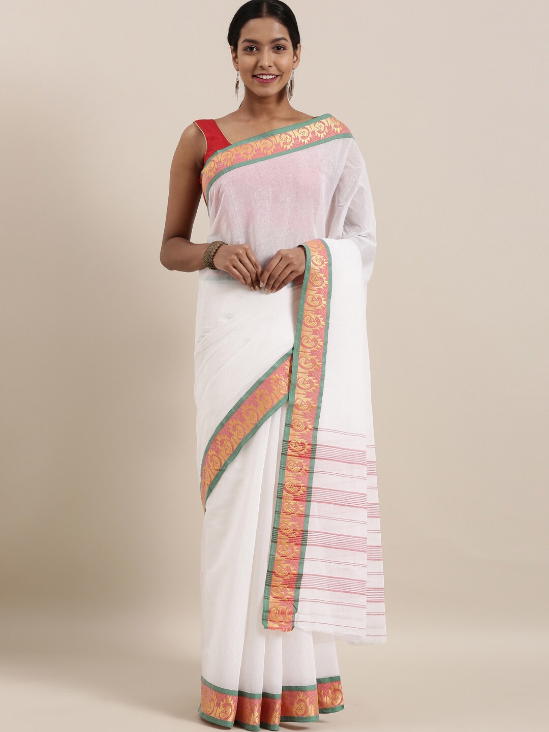 

The Chennai Silks White & Pink Paisley Zari Pure Cotton Saree