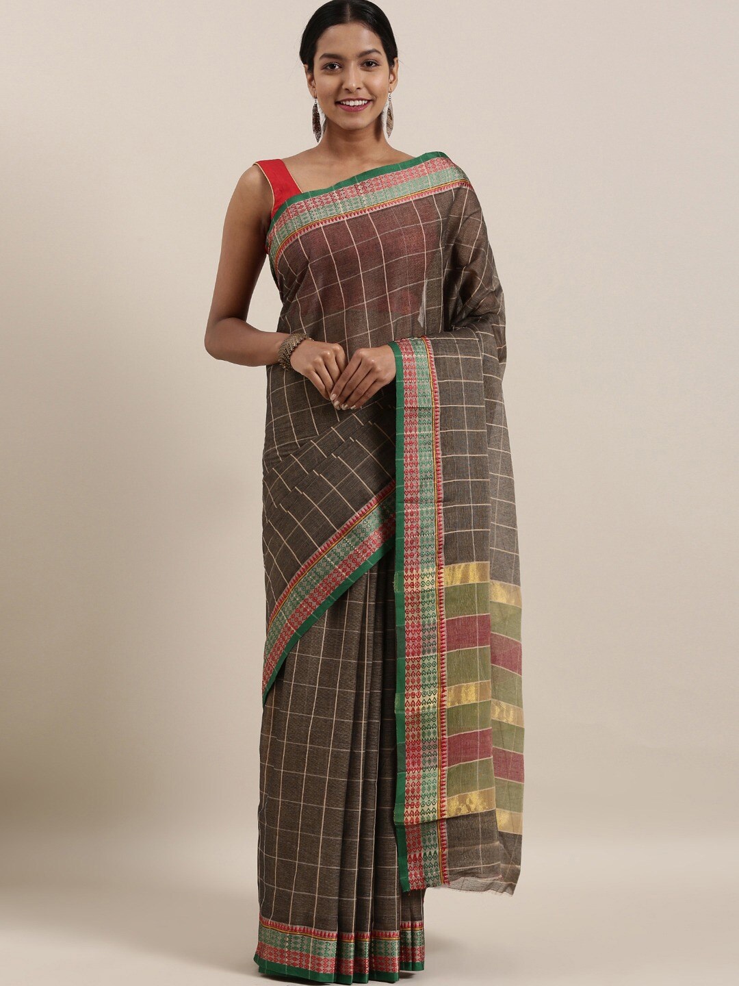 

The Chennai Silks Grey & Gold-Toned Checked Pure Banahatti Cotton Saree