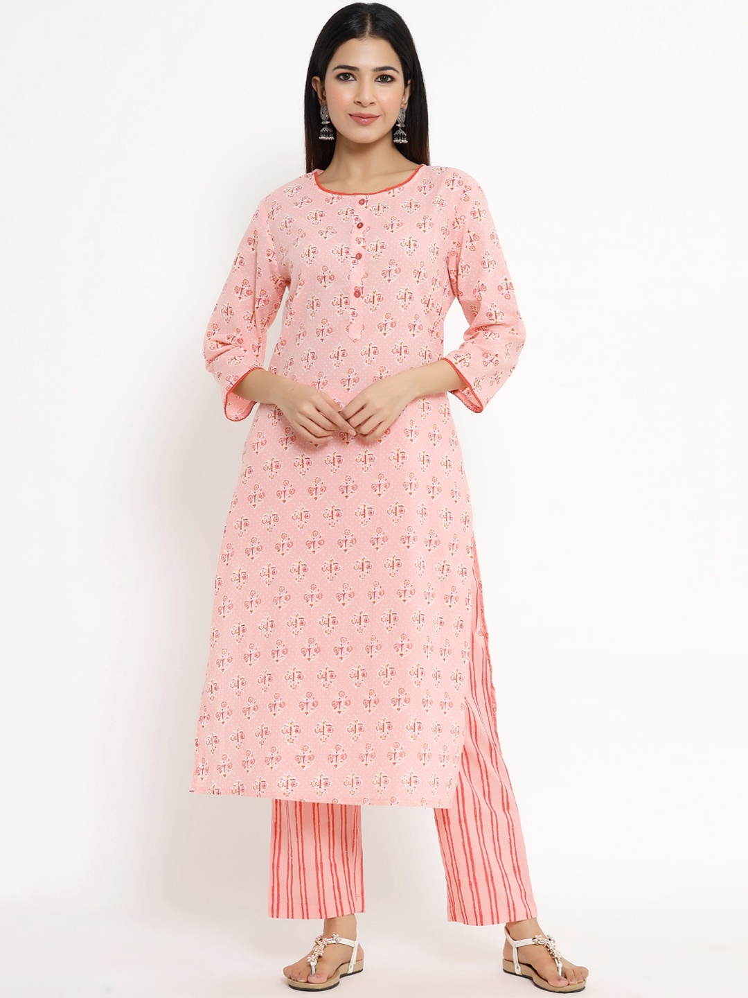 

The Kurta Express Women Pink Printed Regular Pure Cotton Kurti with Trousers