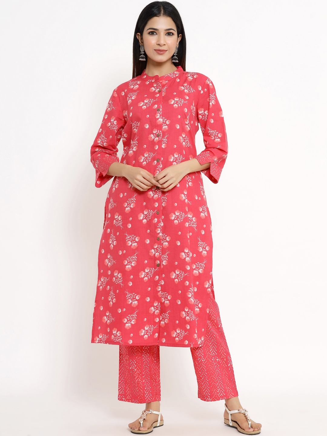 

The Kurta Express Women Pink Printed Regular Pure Cotton Kurta with Palazzos