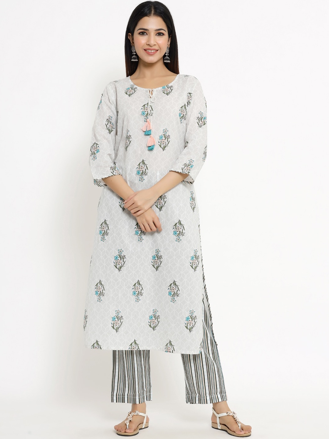 

The Kurta Express Women White Ethnic Motifs Printed Regular Pure Cotton Kurta with Trousers