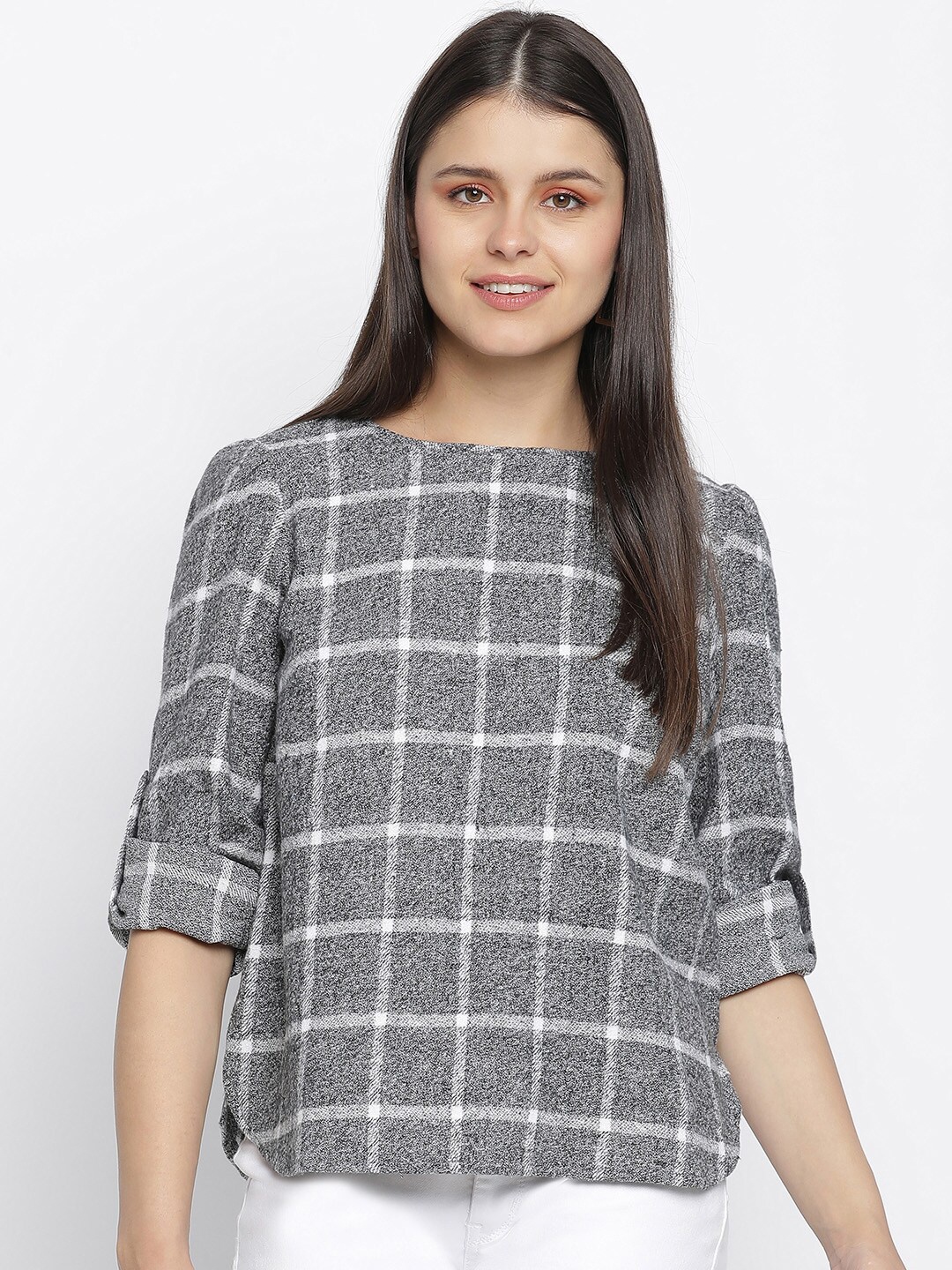 

Oxolloxo Grey Checked Roll-Up Sleeves Regular Top