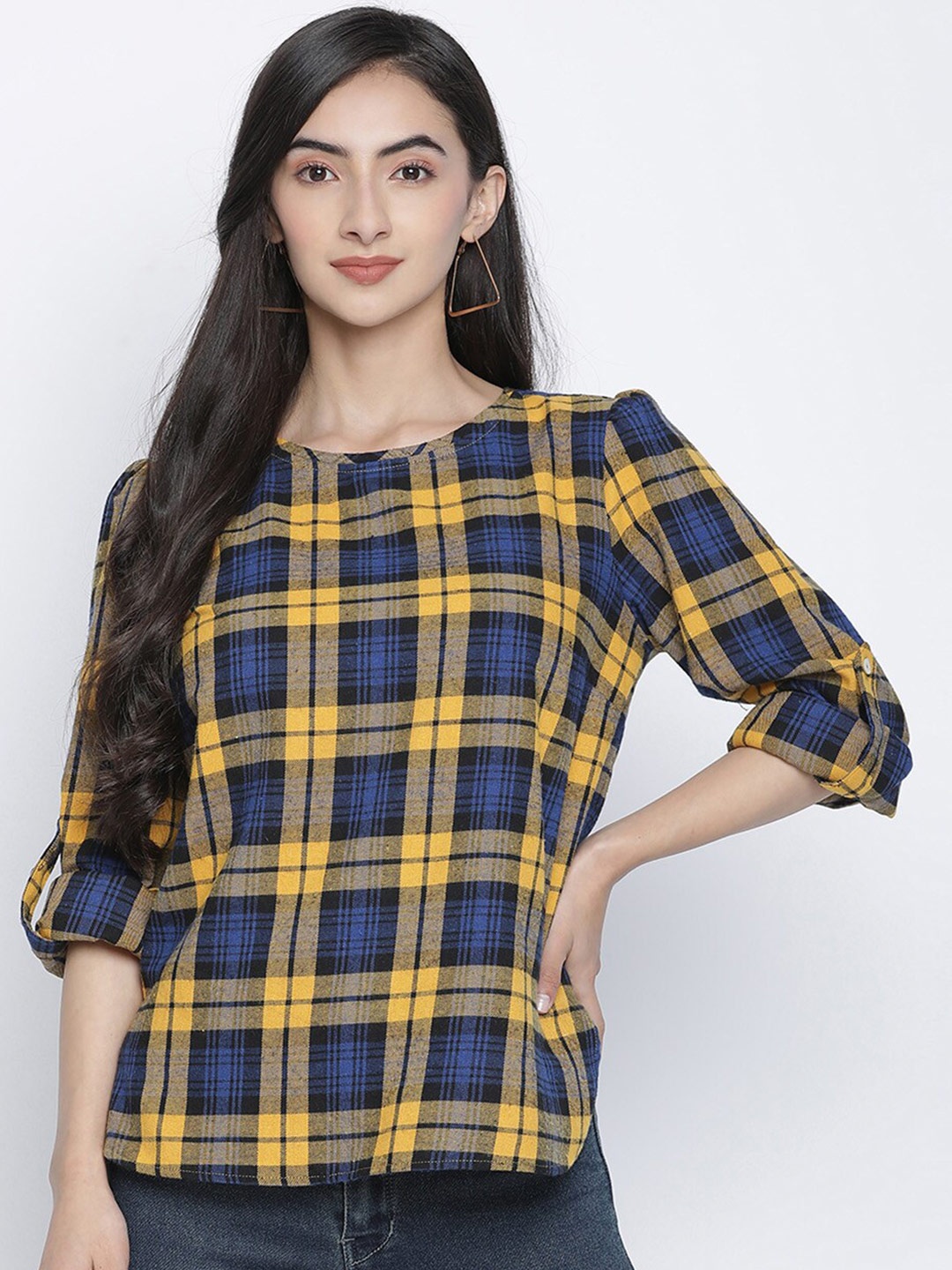 

Oxolloxo Yellow & Blue Checked Roll-Up Sleeves Pure Cotton Top