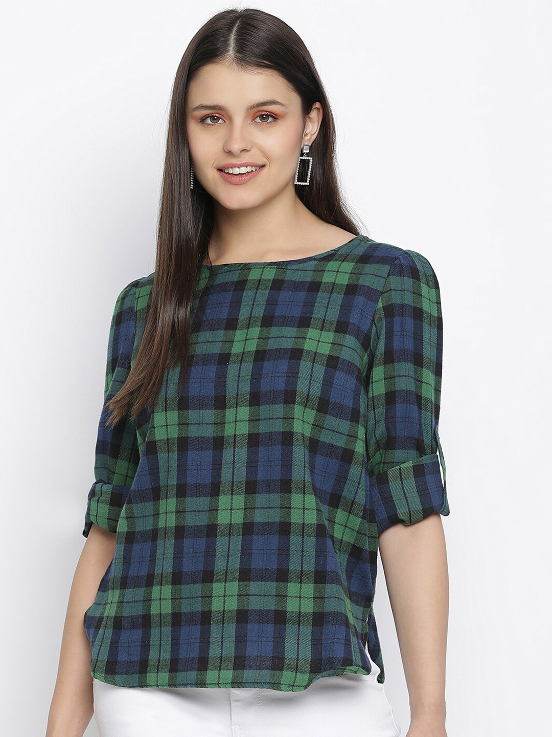 

Oxolloxo Green & Blue Checked Roll-Up Sleeves Regular Top