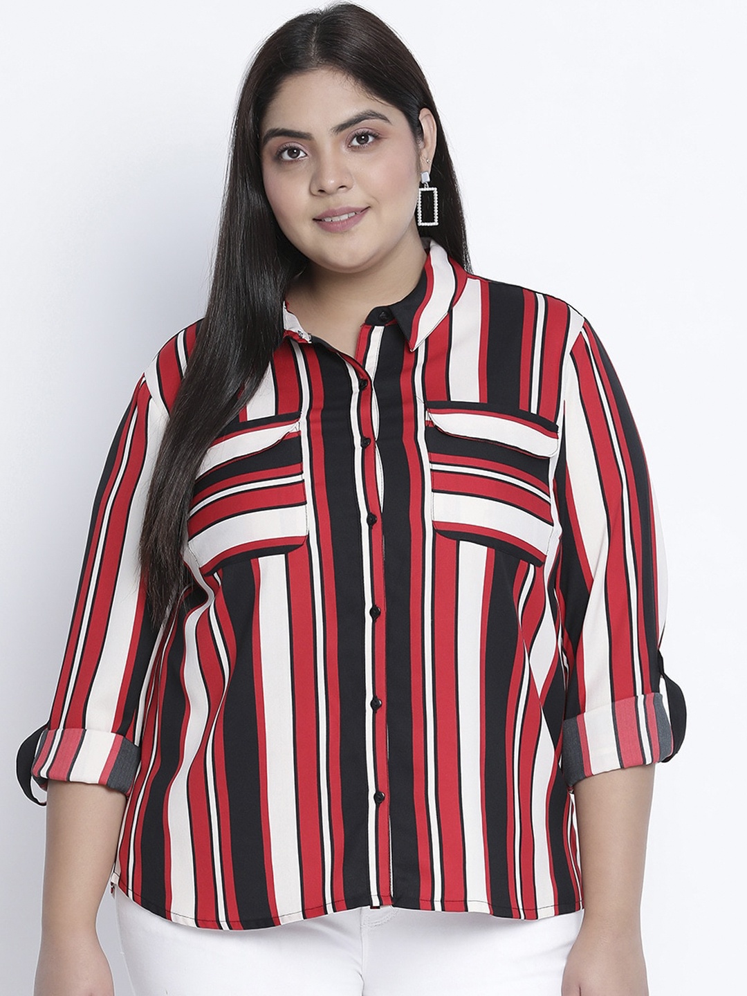 

Oxolloxo Women Plus Size Red & White Classic Semi Sheer Striped Casual Shirt