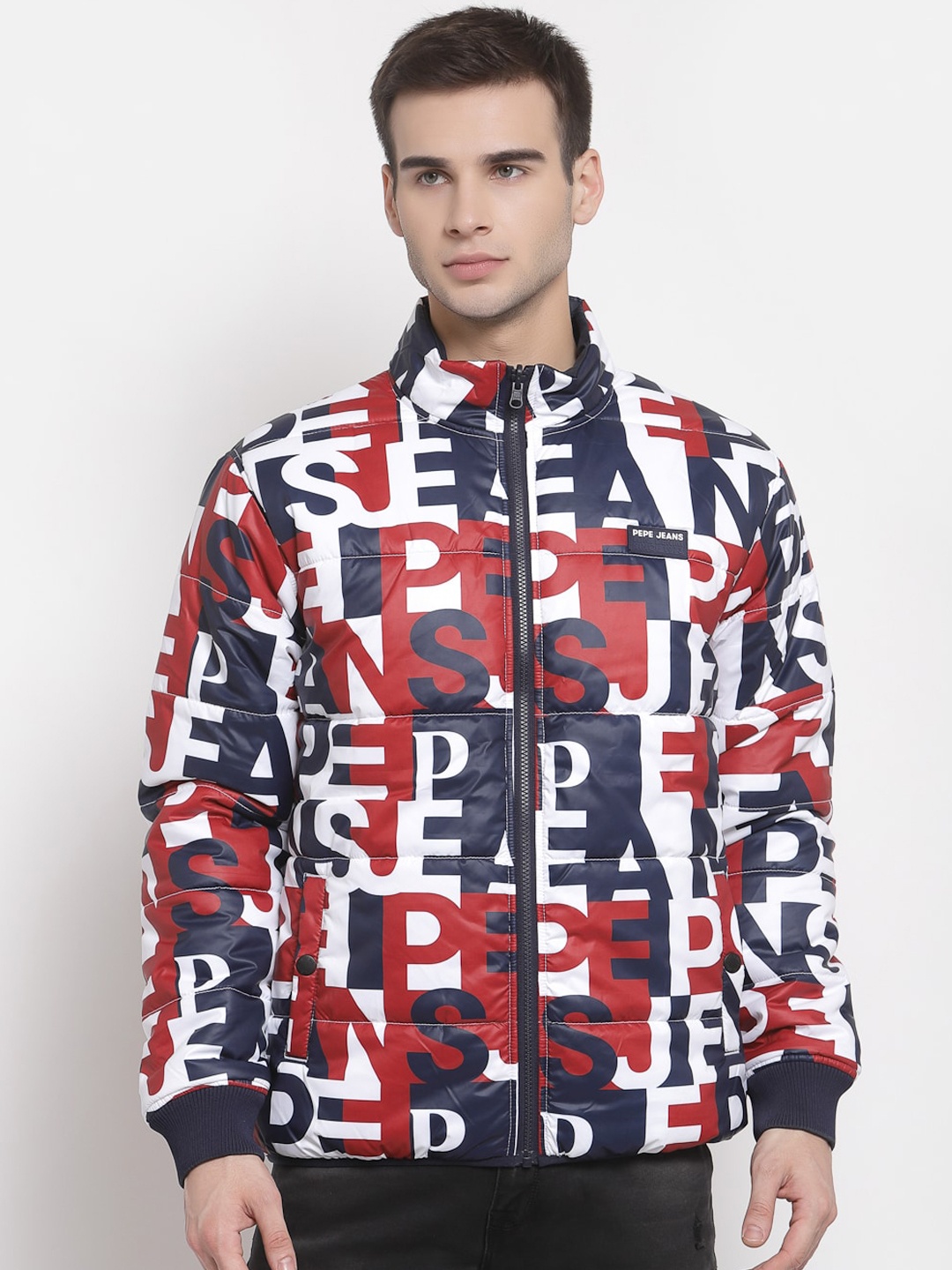 

Pepe Jeans Men White & Red Brand Logo Printed Padded Jacket