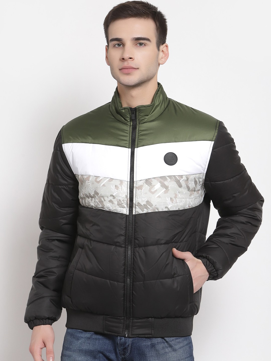 

Pepe Jeans Men Black & Green Colourblocked Padded Jacket