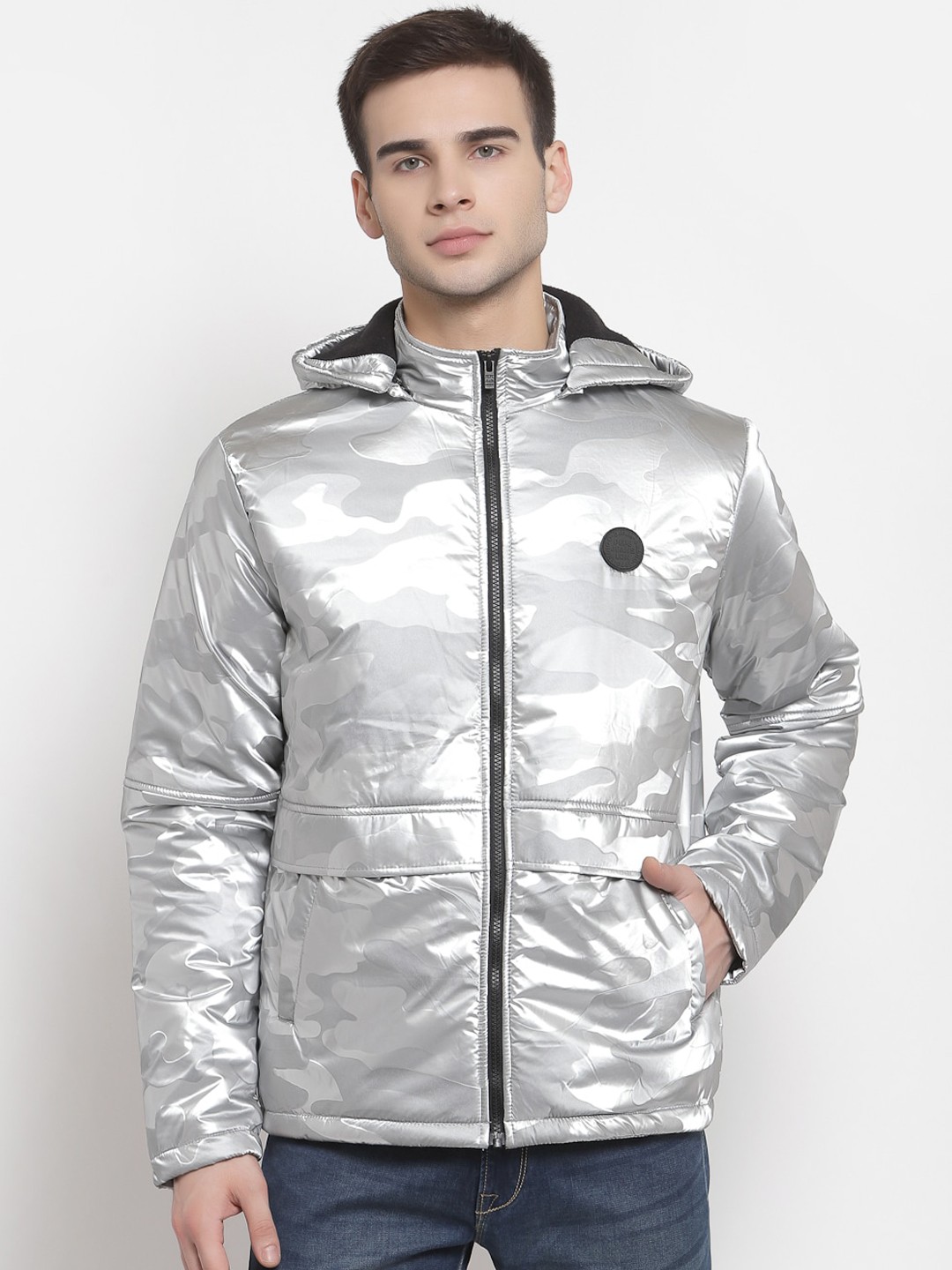 

Pepe Jeans Men Silver-Toned Padded Jacket with Patchwork