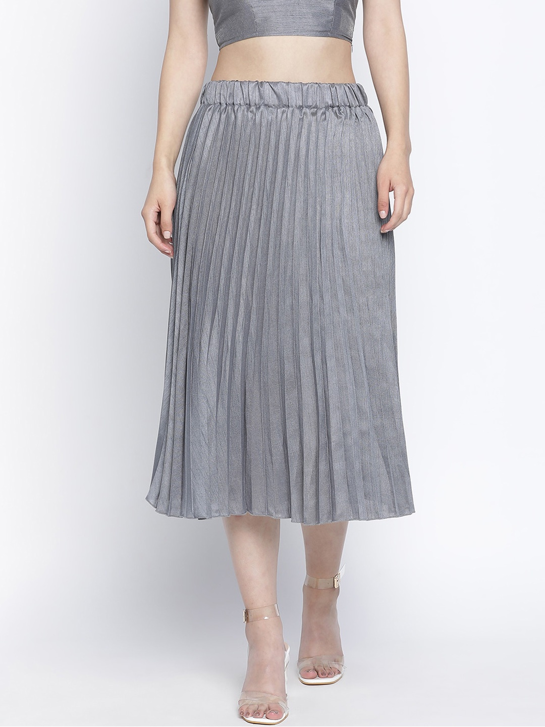 

Oxolloxo Women Grey Solid Pleated A-line Midi Skirt