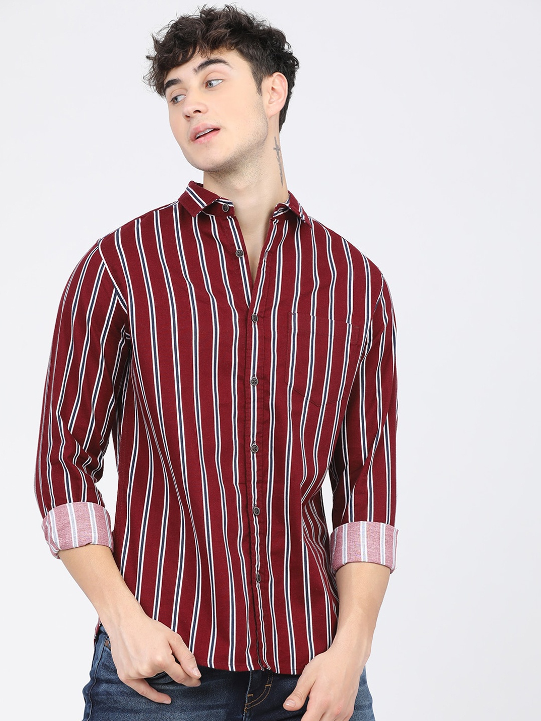 

KETCH Men Slim Fit Striped Casual Shirt, Burgundy