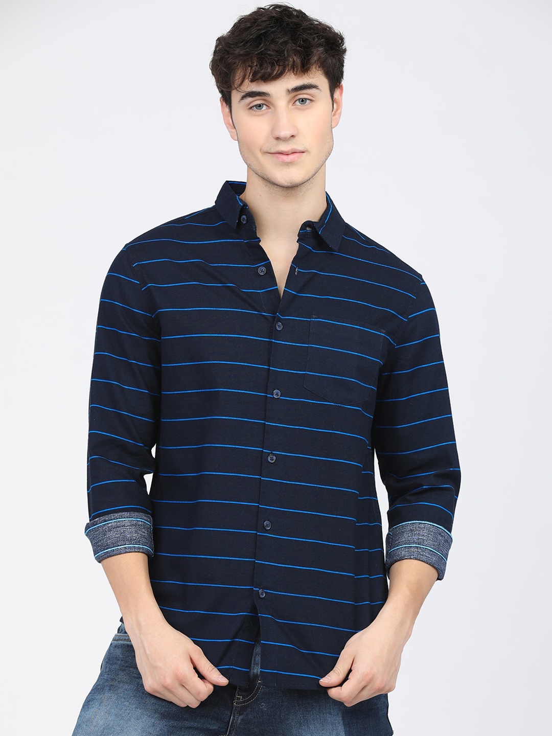 

KETCH Men Slim Fit Horizontal Striped Casual Shirt, Navy blue