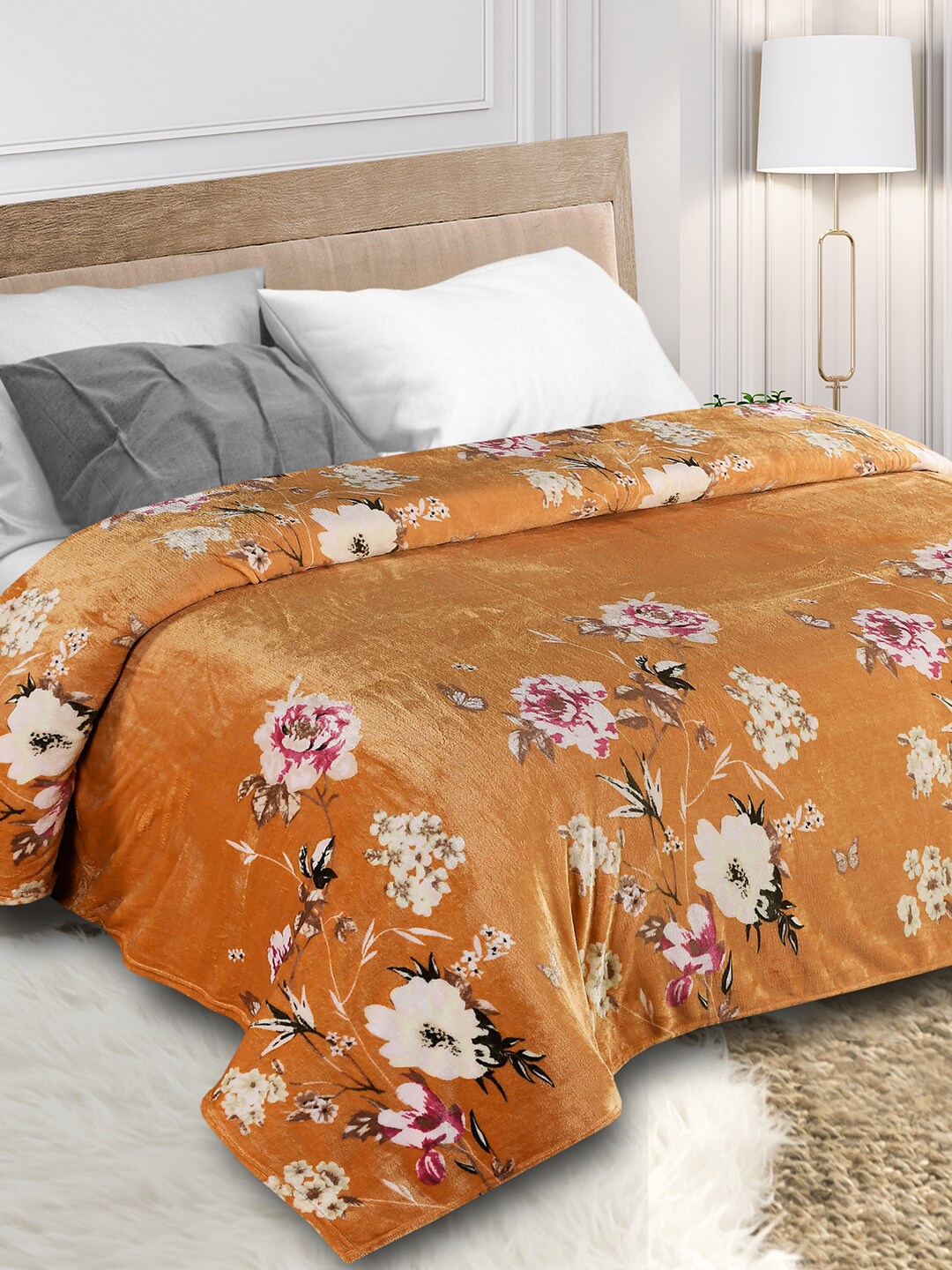 

Florida Mustard & Beige Floral Printed Microfiber Mild Winter 210 GSM Double Bed Blanket