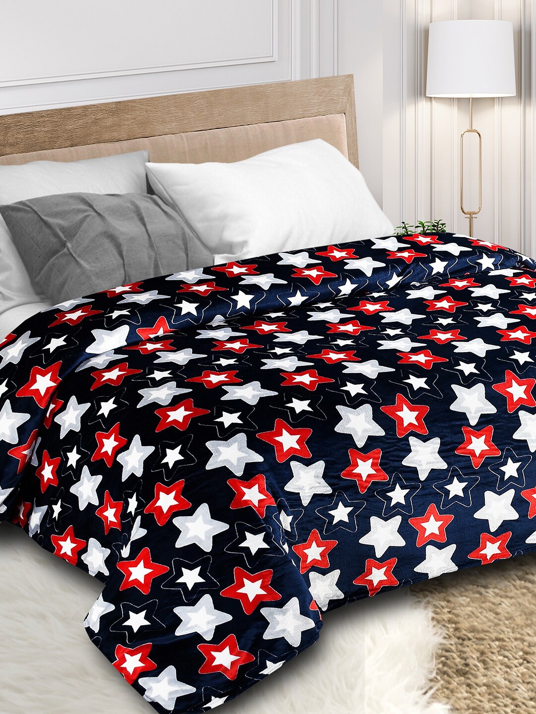 

Florida Navy Blue & White Printed Microfiber Mild Winter 210 GSM Double Bed Blanket