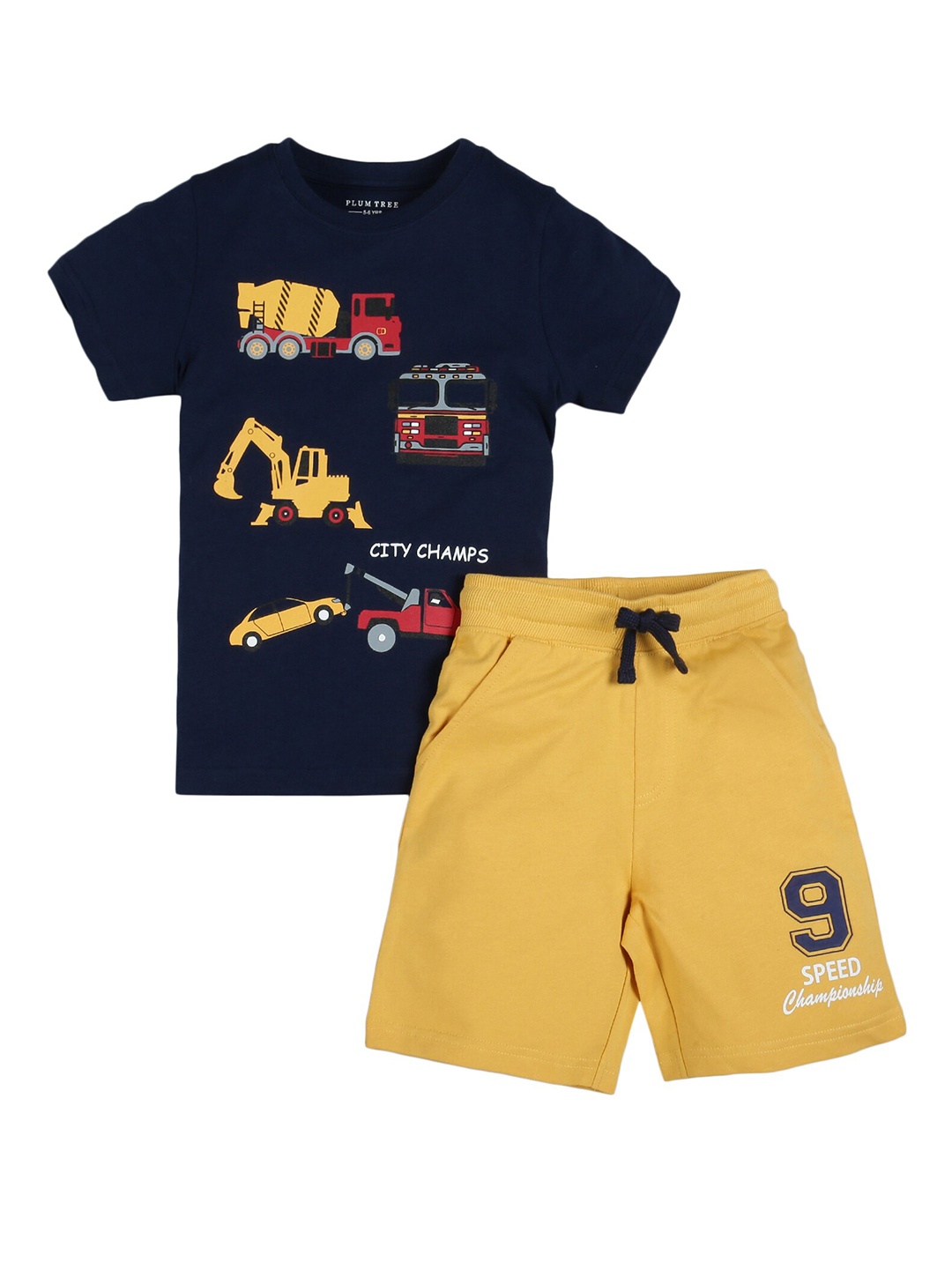 

PLUM TREE Boys Yellow & Black Printed Fire Truck Top with Shorts