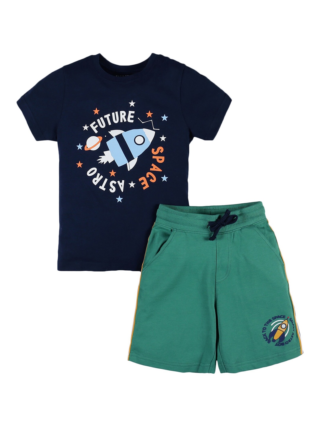 

PLUM TREE Boys Green & Navy Blue Graphic Printed Pure Cotton T-shirt with Trousers