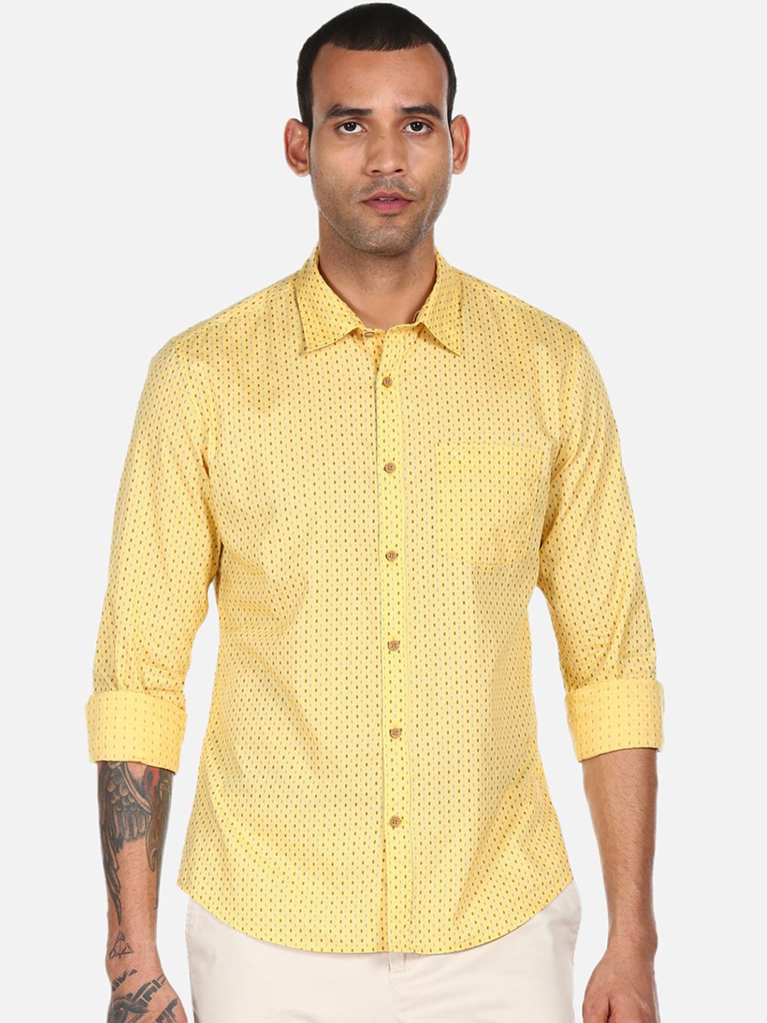 

AD By Arvind Men Yellow Printed Pure Cotton Casual Shirt