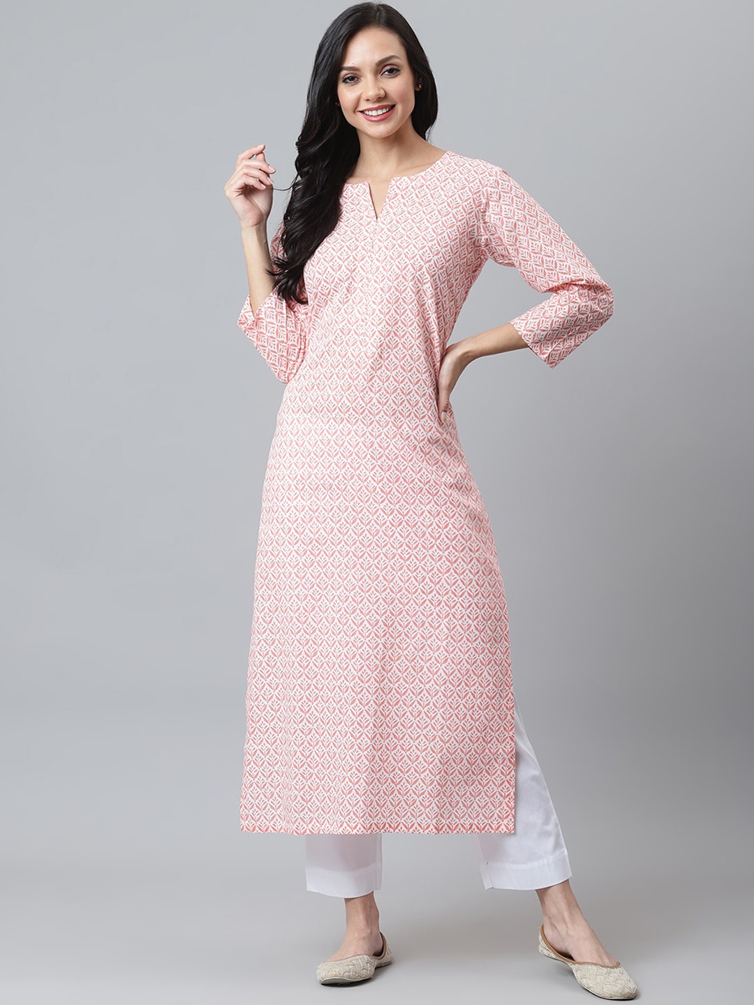 

maaisarah Women Peach-Coloured Geometric Checked Keyhole Neck Flared Sleeves Thread Work Block Print Kurta