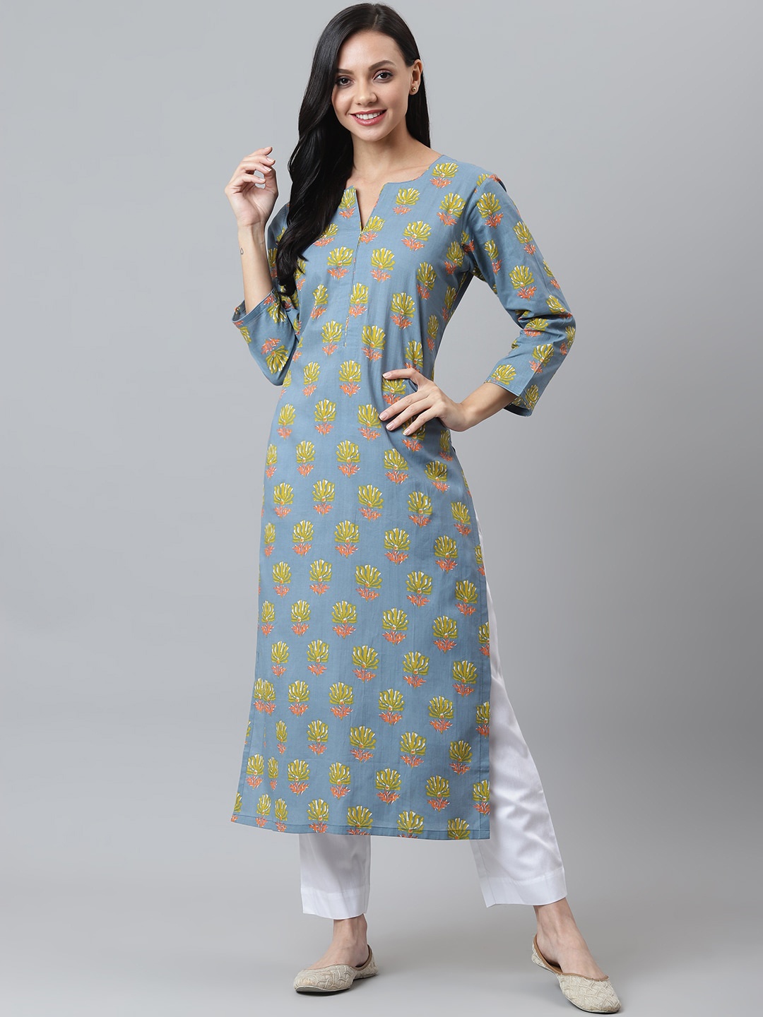 

maaisarah Women Blue & Yellow Ethnic Motifs Printed Block Print Pure Cotton Kurta