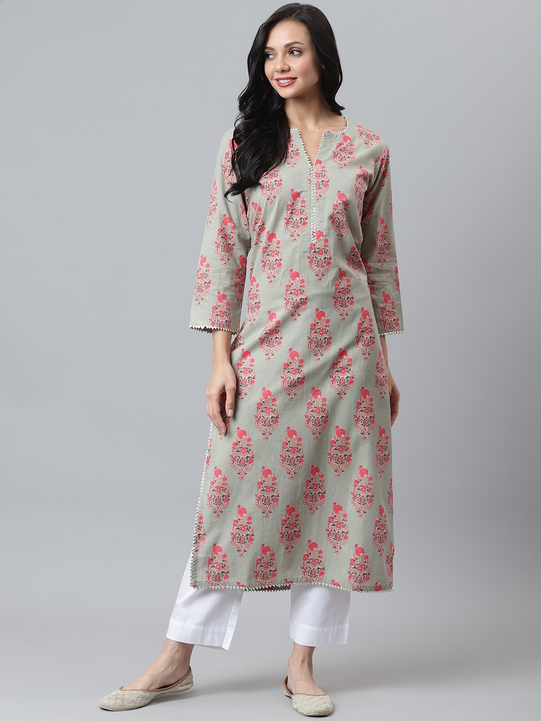 

maaisarah Women Green Floral Printed Block Print Handloom Kurta