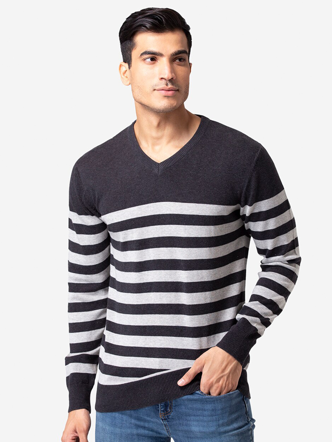 

Allen Cooper Men Black & White Striped Pullover