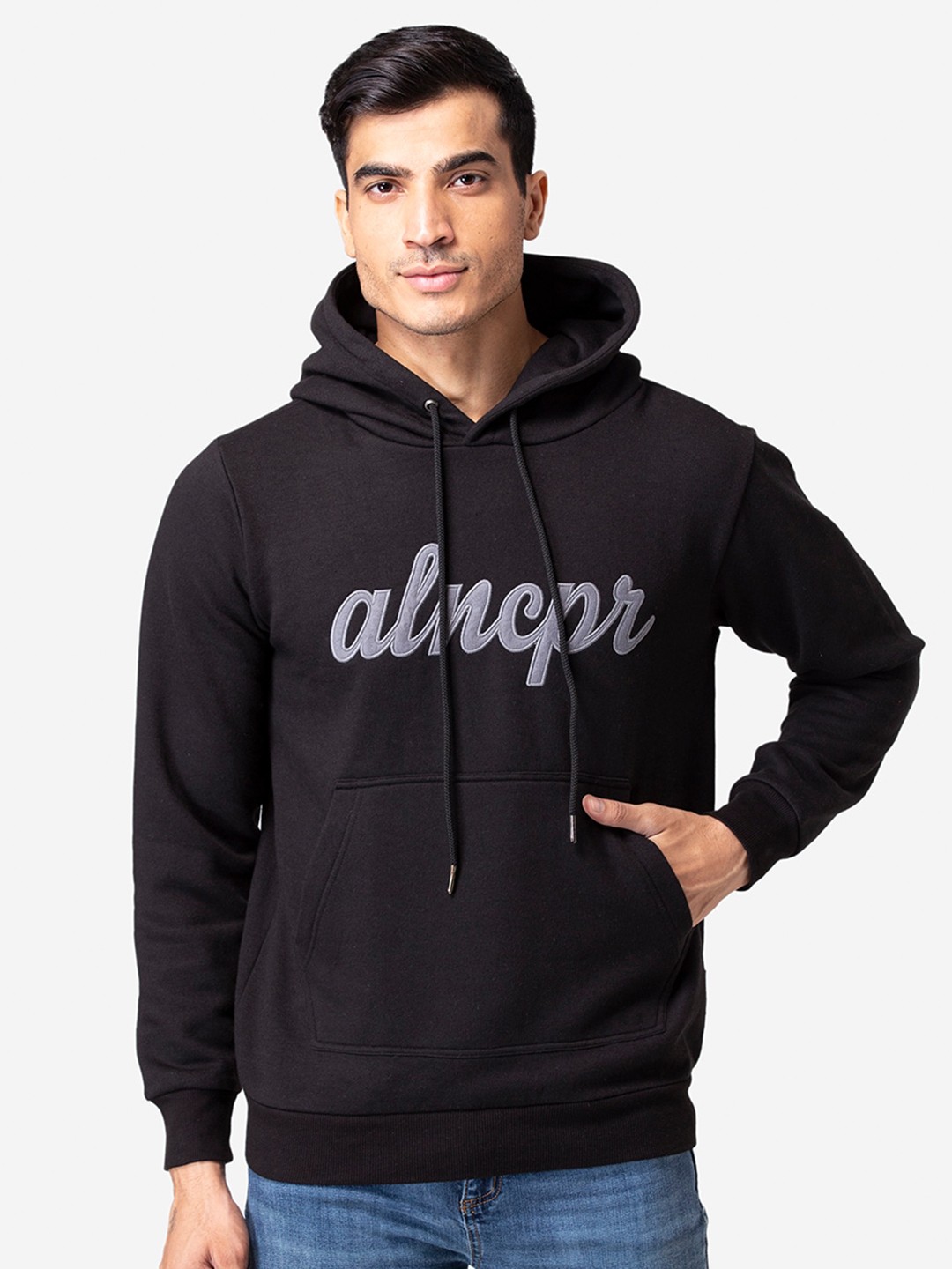

Allen Cooper Men Black & Grey Typography Printed Hooded Pullover