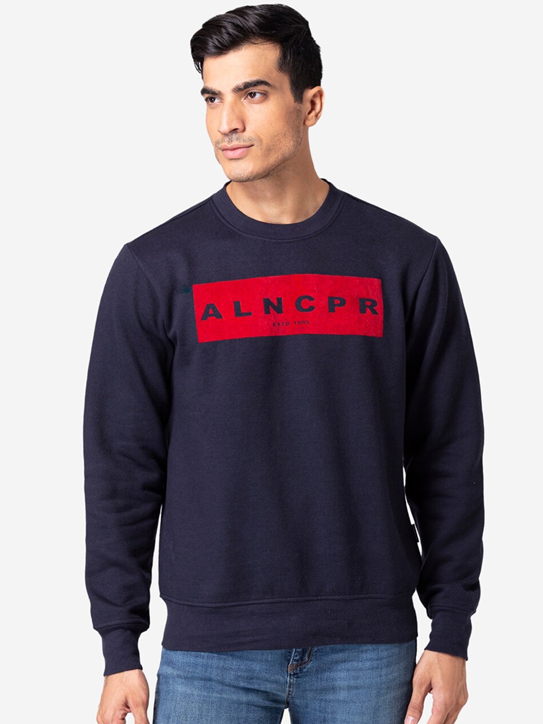 

Allen Cooper Men Navy Blue Printed Cotton Sweatshirt