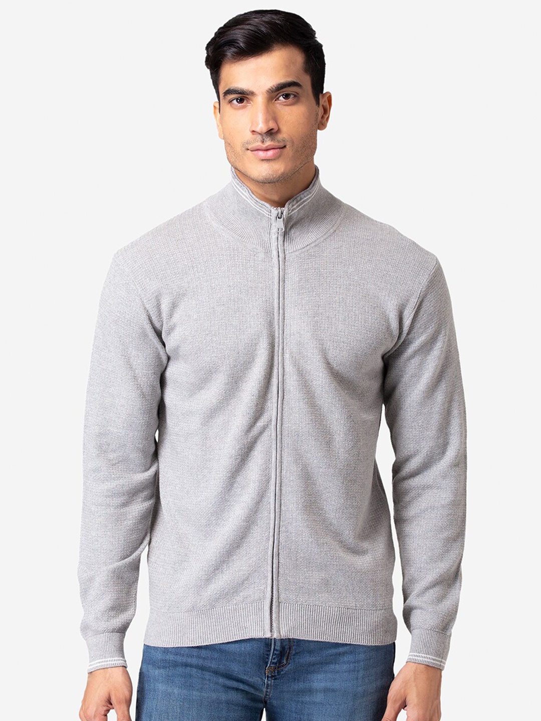 

Allen Cooper Men Grey Melange Zipper Pullover