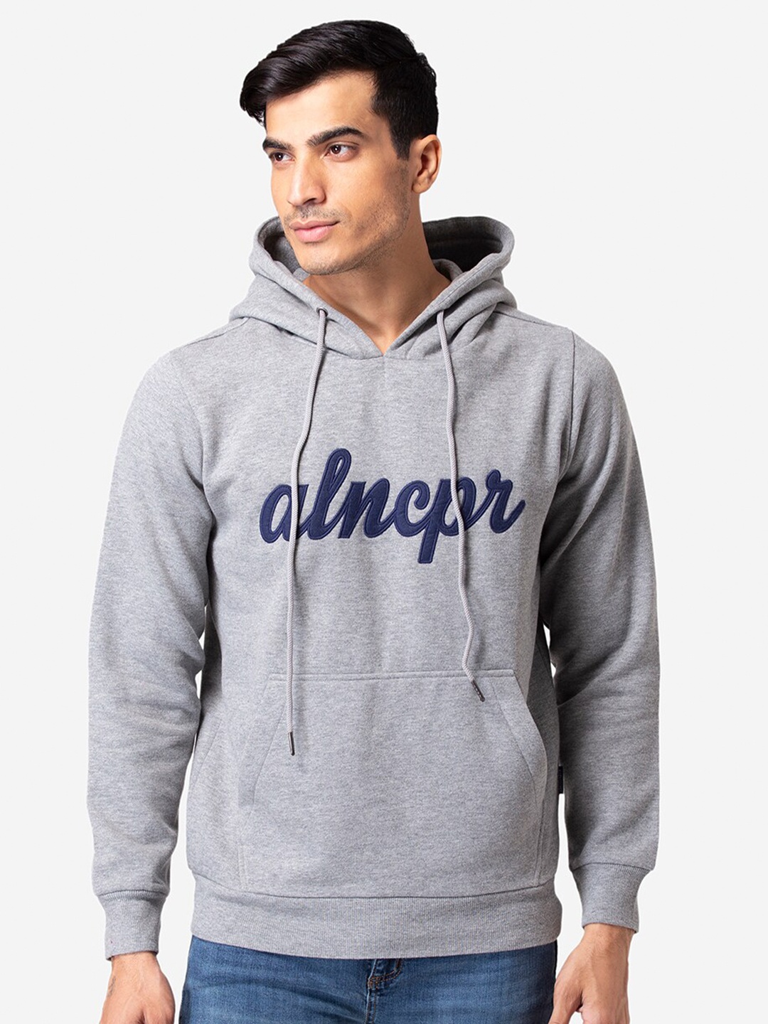 

Allen Cooper Men Grey & Navy Blue Typography Printed Hooded Pullover