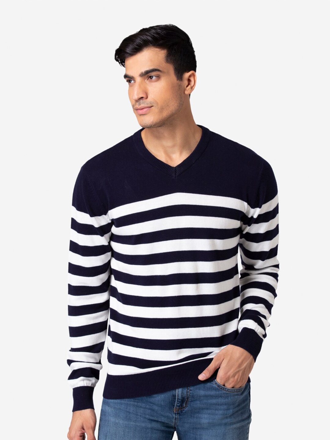 

Allen Cooper Men Navy Blue & Off White Striped Pullover