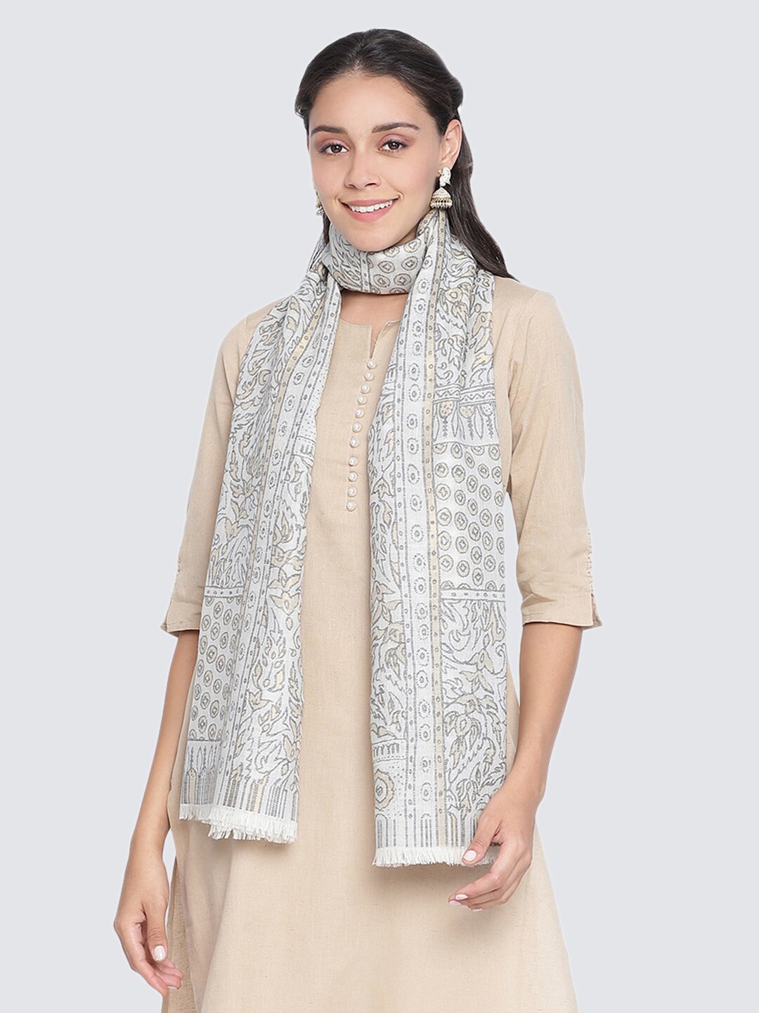 

SHINGORA Women Off White & Grey Woven Design Stole