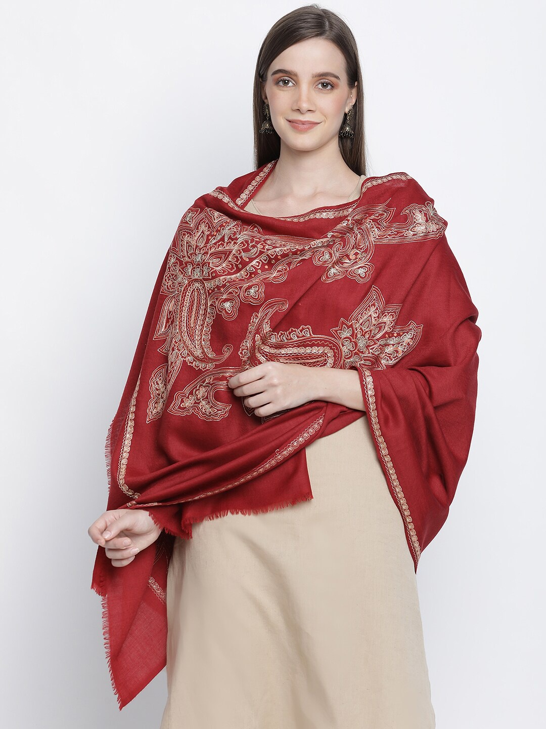 

SHINGORA Women Maroon & Off White Embroidered Pure Wool Stole
