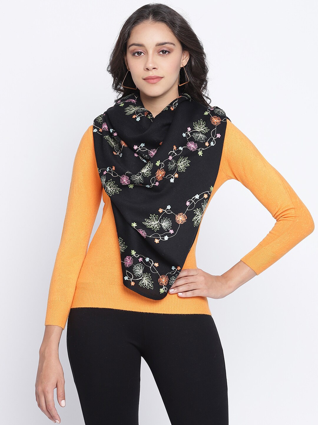 

SHINGORA Women Black & Green Pure Wool Embroidered Stole